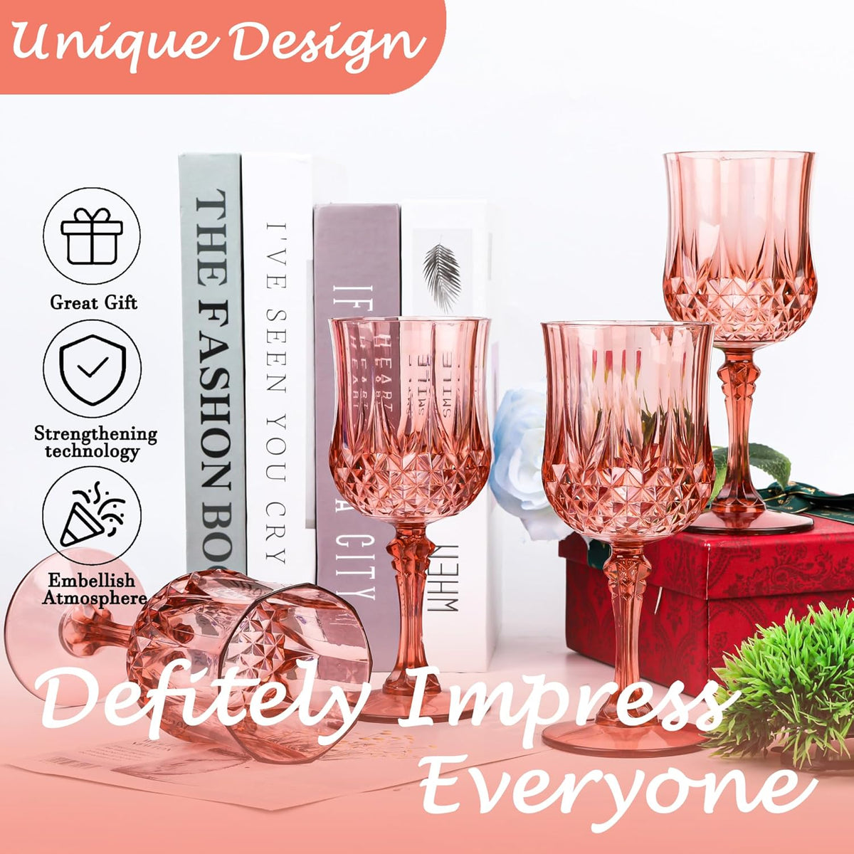Plastic Wine Glasses，Plastic Goblets Vintage Style Cordial Drinking Glasses for Wedding Reception