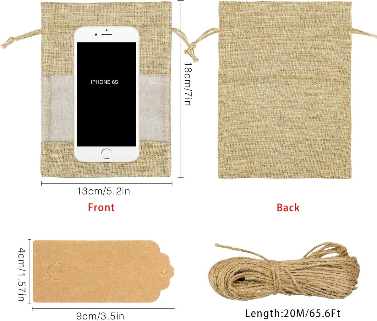 GIOIPC 20Pcs 5 x 7 Inch Linen Burlap Sheer Bags with Drawstring and Bonus Gift Tags for Wedding