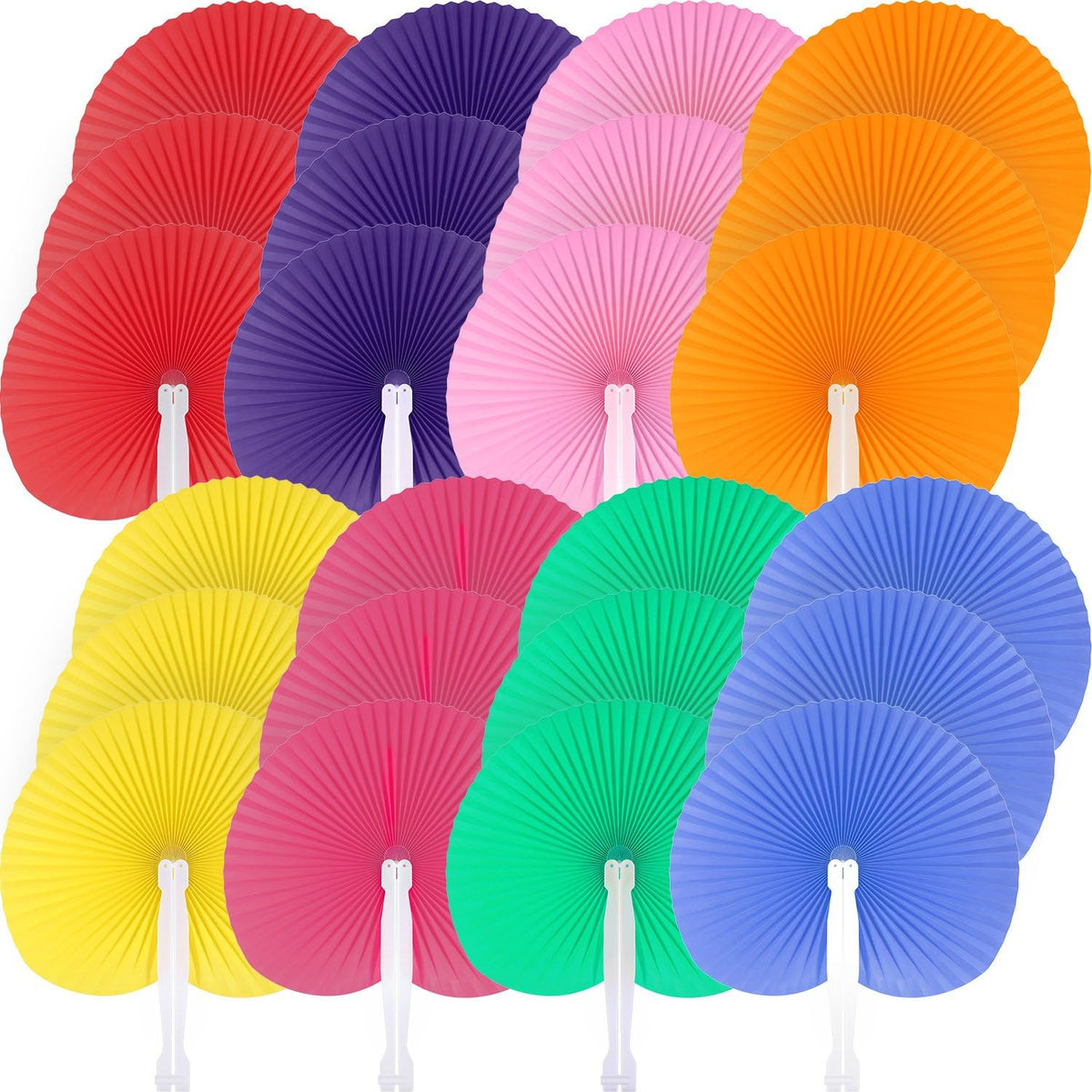 Pangda 24 Pack Folding Fans Round Paper Fans Assortment with Plastic Handle for Wedding Favor Party