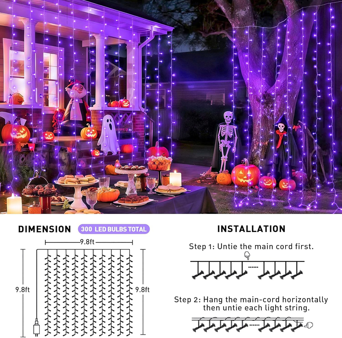 JMEXSUSS 300LED Purple Halloween Lights with Remote, Curtain Hanging Light Plug in, 8 Modes Purple