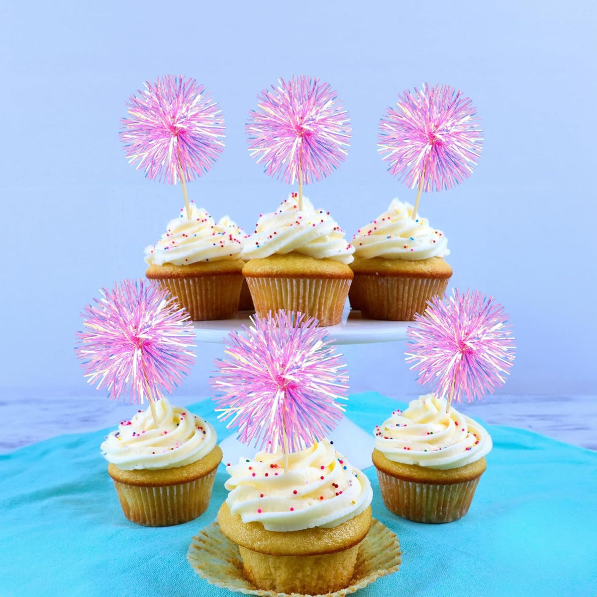 Ephlyn 30Pcs Foil Firework Cupcake Toppers Party Birthday Cake Toppers Supplies Sparkle Tinsel