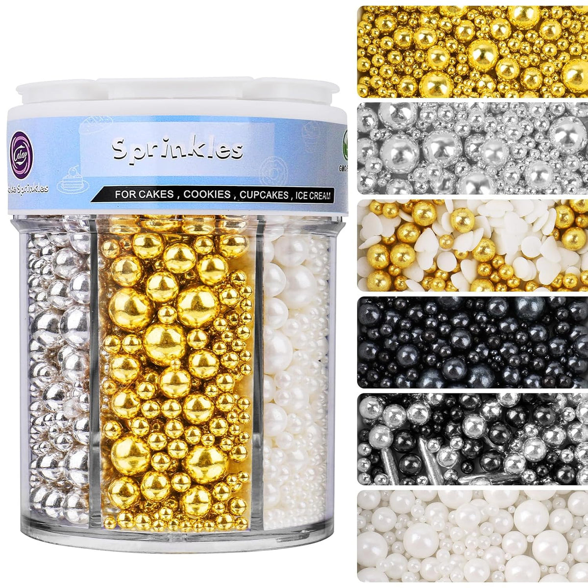 Sprinkles for Cake Decorating, 11Oz 6 Colors Gold Silver White Black Pearl Sprinkles Mix for Cake