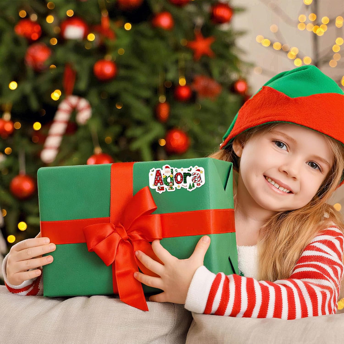 callie Personalized Christmas Stickers - Custom Name, 3.5"×1.69" Santa Claus Elk Design Merry