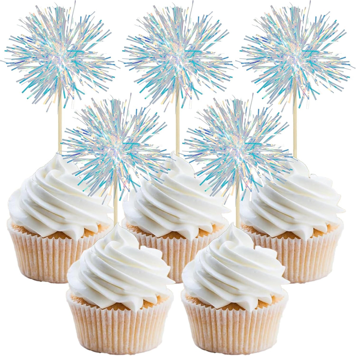 Gyufise 30Pcs Foil Firework Cupcake Toppers Sparkle Tinsel Cake Toppers Tinsel Drink Cake