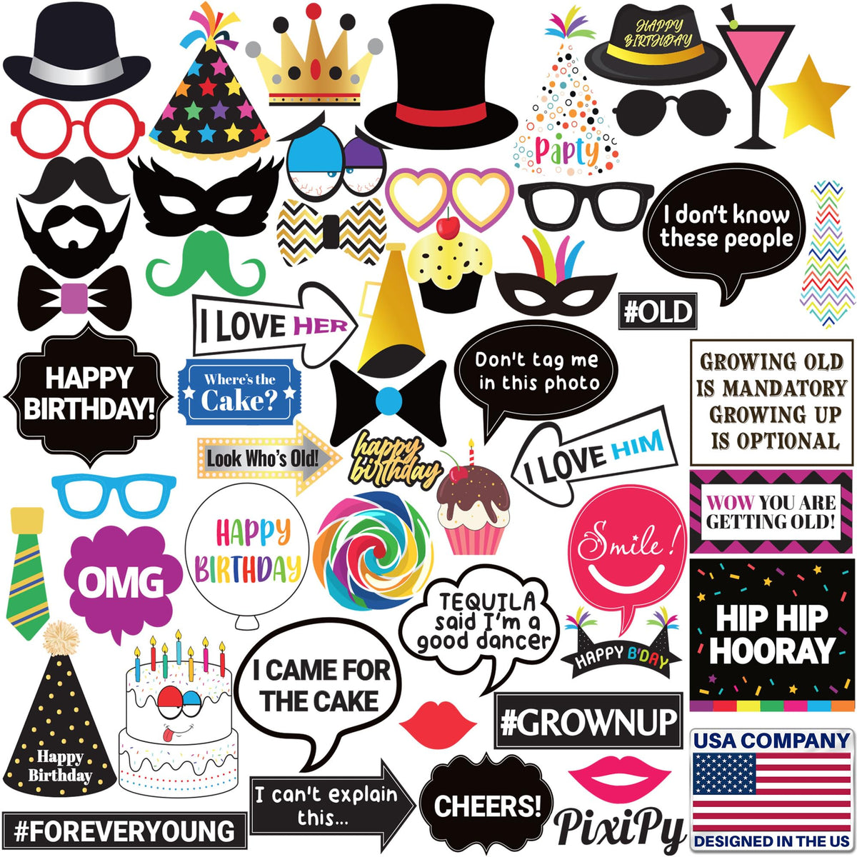 Premium Birthday Photo Booth Props Kit - 54 pc, Multicolored - Happy Birthday Party Fun Photobooth