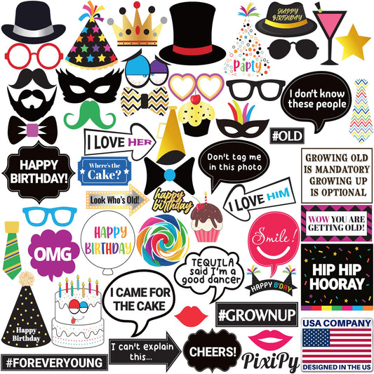 Premium Birthday Photo Booth Props Kit - 54 pc, Multicolored - Happy Birthday Party Fun Photobooth