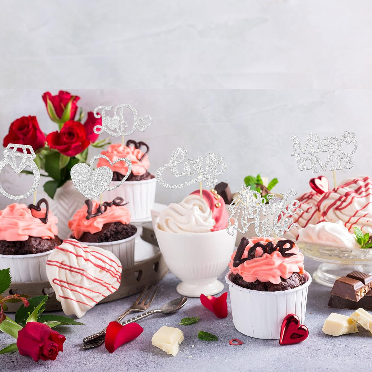 Gyufise 24Pcs Bride to Be Cupcake Toppers Silver Glitter I Do Love Heart Ring Miss To Mrs Cupcake