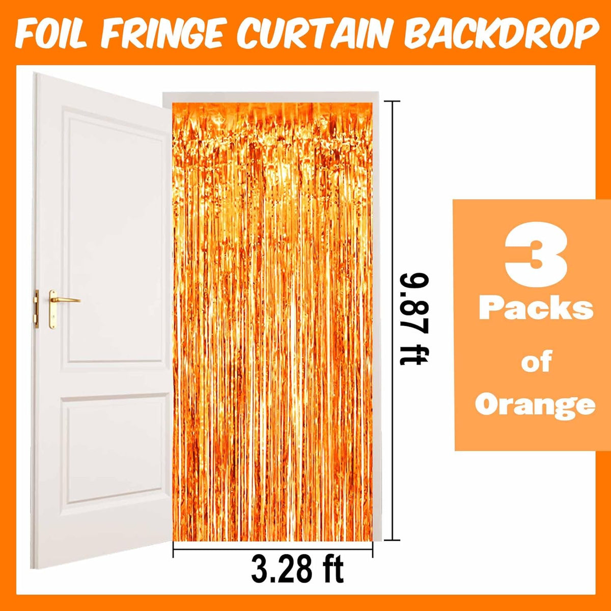 3 Pack Orange Foil Fringe Curtains Backdrop, 3.28 x 9.8 Ft Metallic Streamers Tinsel Curtains