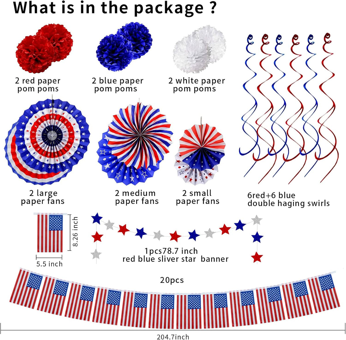 26Pcs 4th of July Decorations Patriotic Decor USA Flag String Red White Blue Paper Fans Star