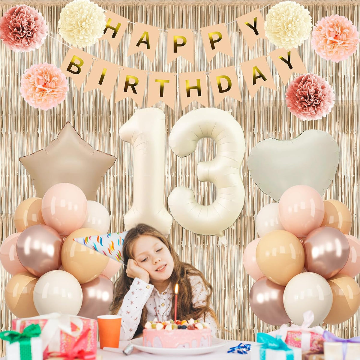 Beige 13th Birthday Decorations Girls Boys Cream Number 13 Balloon Nude Gold Happy Birthday Banner