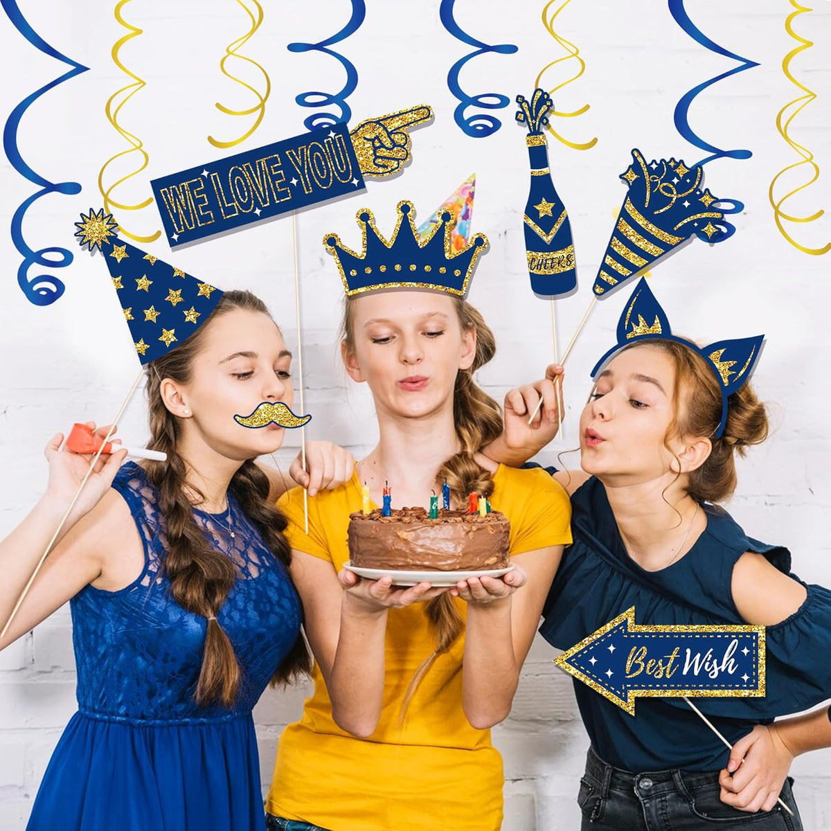 36 PCS Photo Booth Props Party Supplies Holiday Picture Decorations Blue Paper Photo Props for