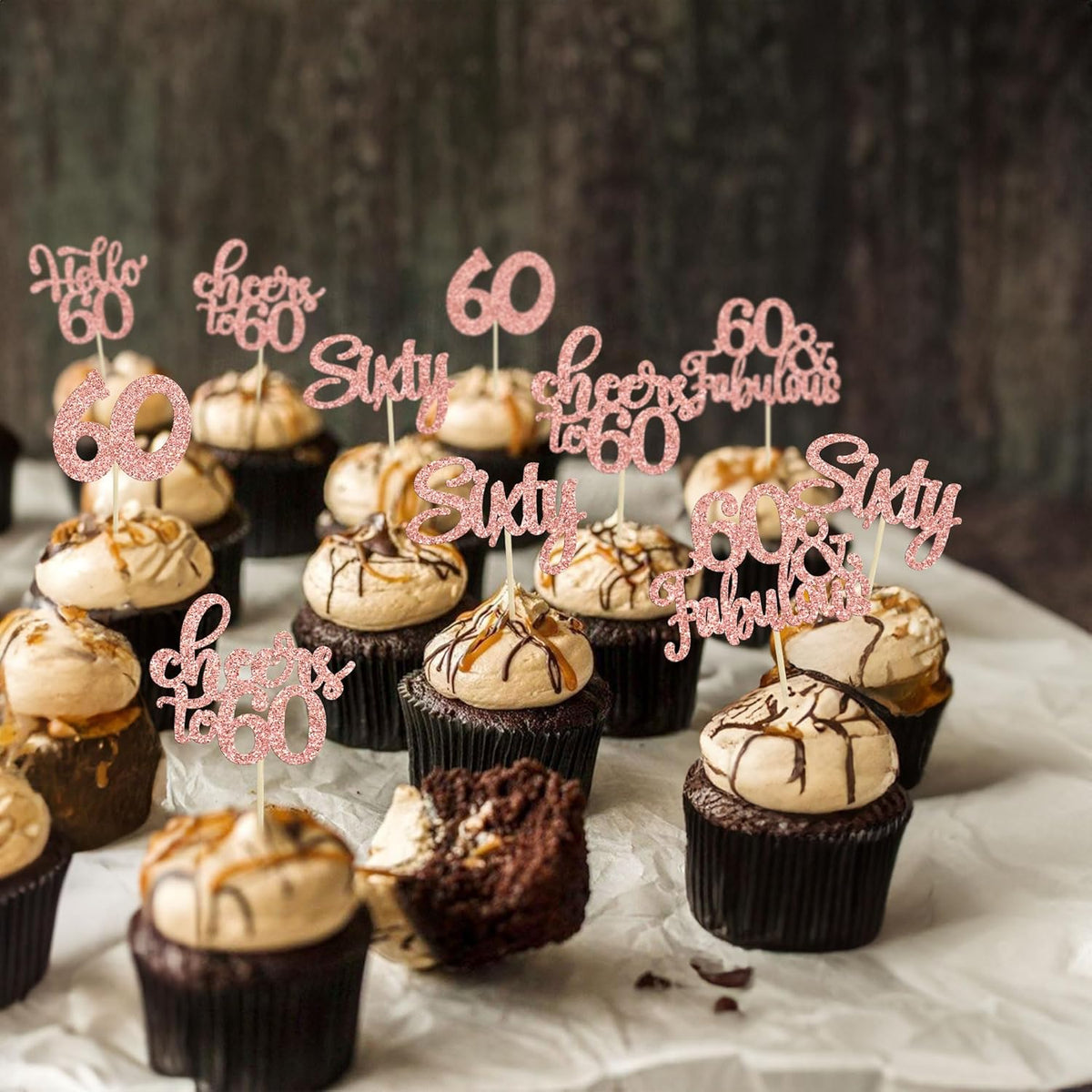 30Pcs Happy 60th Birthday Cupcake Toppers Rose Gold Glitter Sixty Cake Toppers Cheers to 60 Years