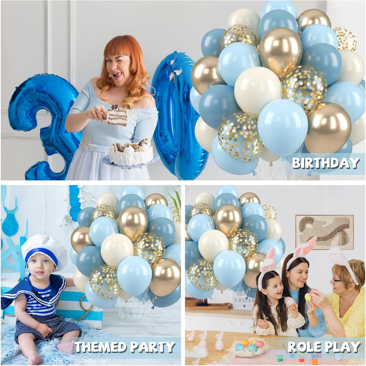 Paready Dusty Blue Balloons, 50 Pcs Gold White Balloons, 12 Inch Sand White Retro Ice Mist Macaron