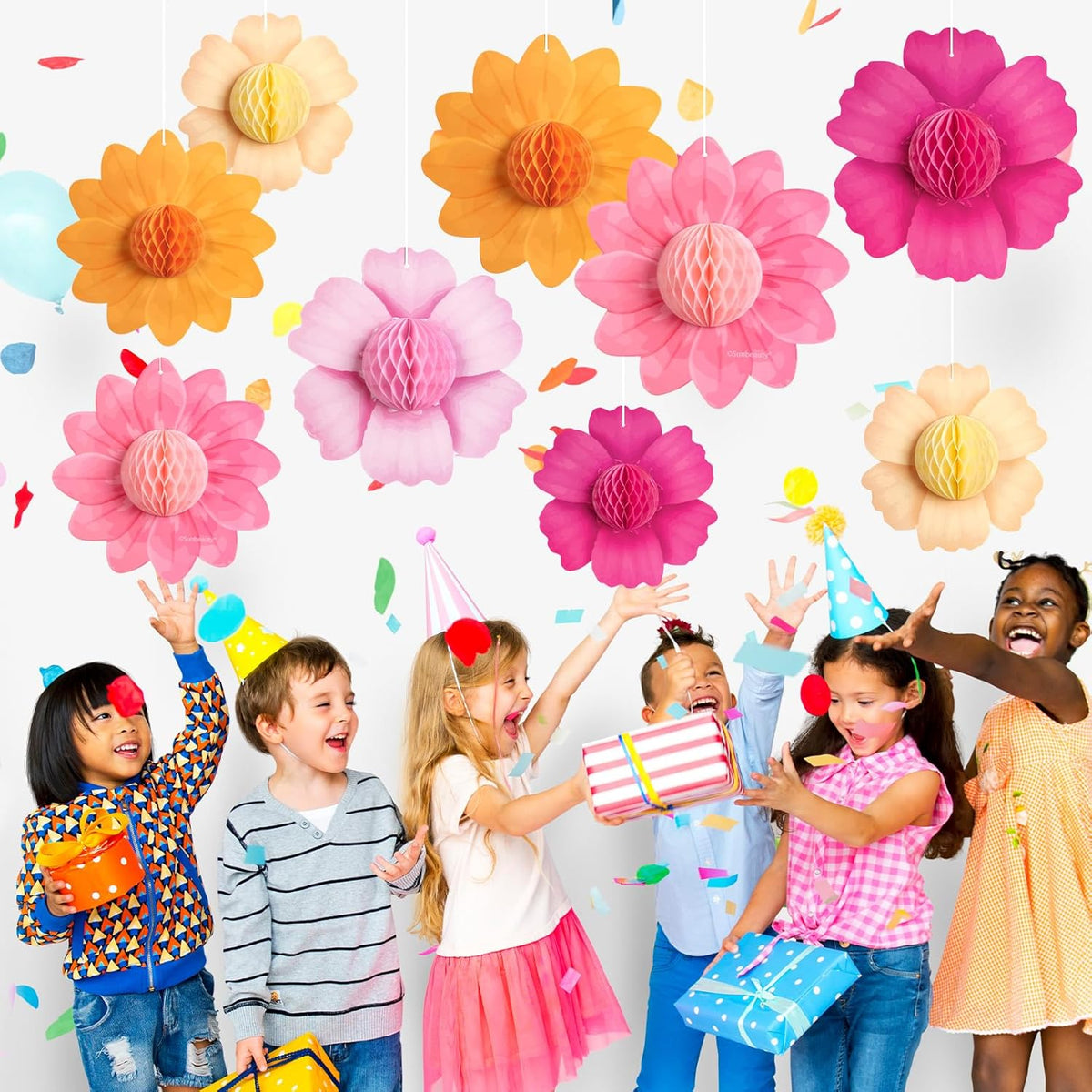 SUNBEAUTY 9 PCS Hot Pink and Orange Party Decorations Fall Large Hanging Paper Flowers Honeycomb