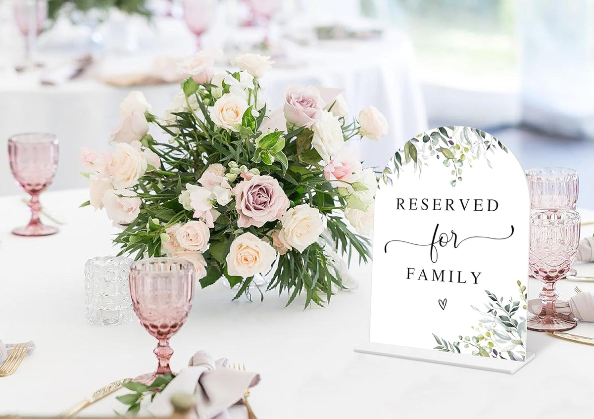 Greenery Reserved for Family Sign, 6 x 8 Inch White Arch Acrylic Wedding Sign with Holder, Wedding