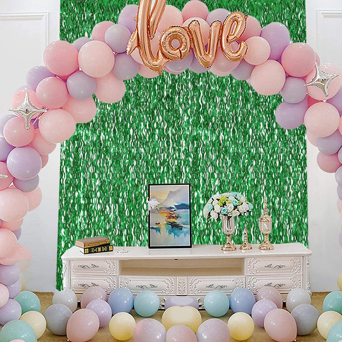 Green Foil Backdrop Curtain - CYLMFC 3 Pack 3.3 ft x 6.6 ft Birthday Streamers Party Curtains