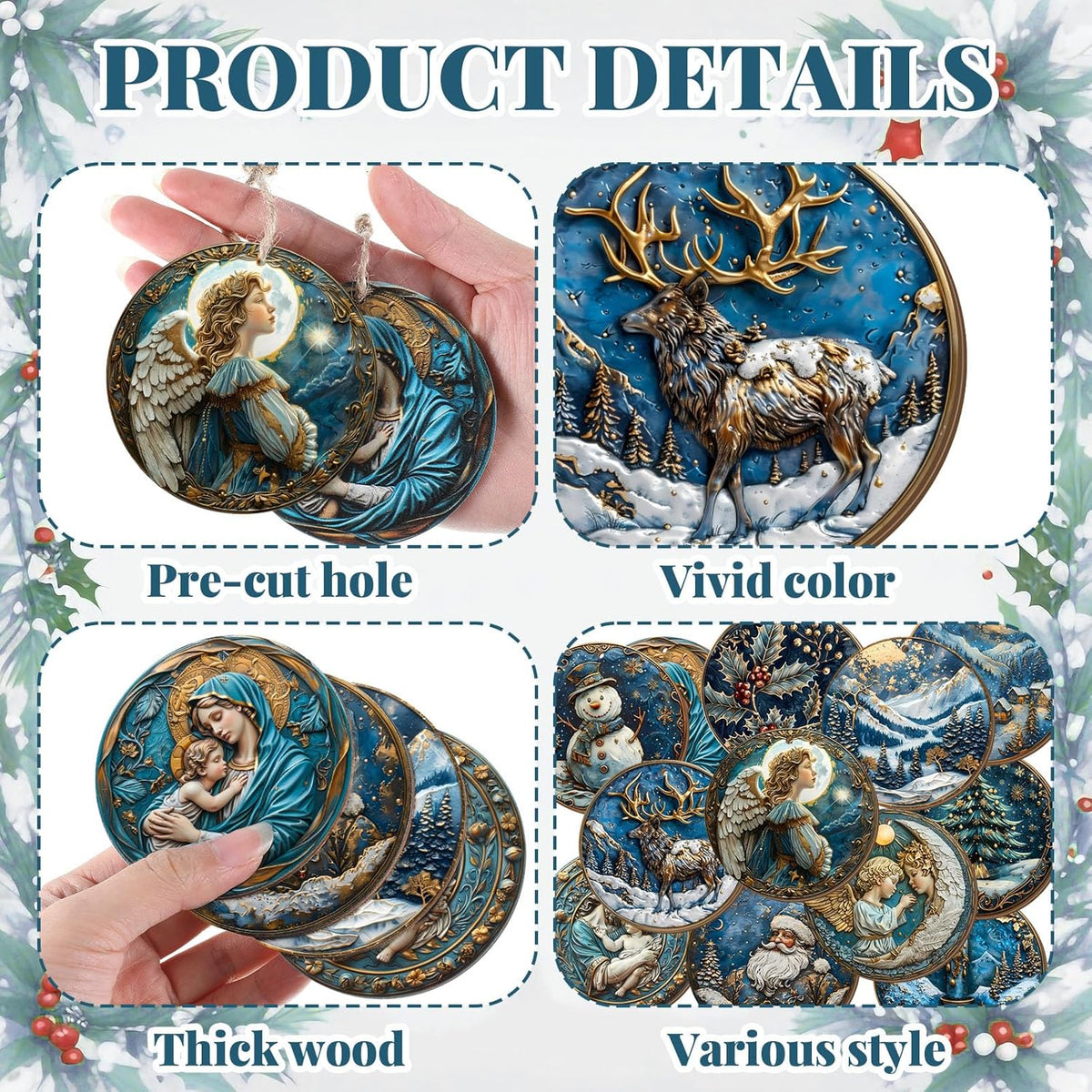 Suzile 36 Pcs Christmas Wooden Ornaments Navy Blue Christmas Tree Decoration Retro Round Nativity