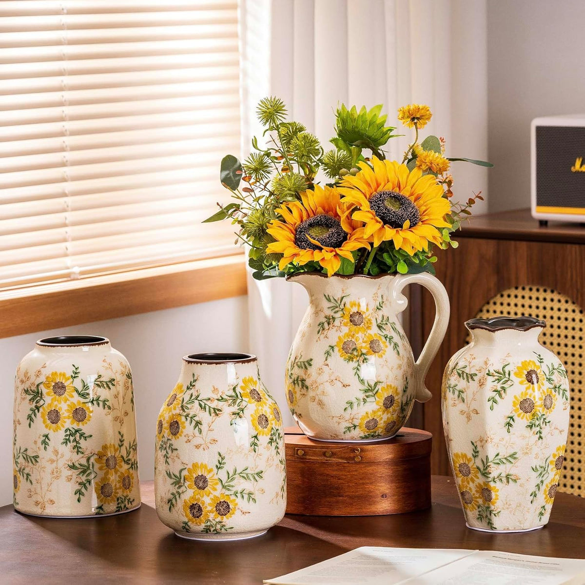 Sunflower Vintage Ceramic Yellow Floral Vase, Beige and Green Chinoiserie Home Decor for Fireplace