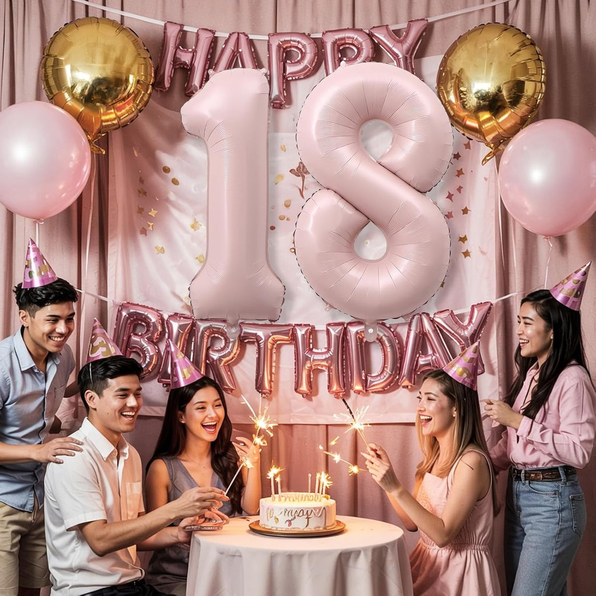 Pastel Pink 18 Balloon Numbers for Girls, 40'' Self Inflating Number 18 Balloons for 18 Year Old
