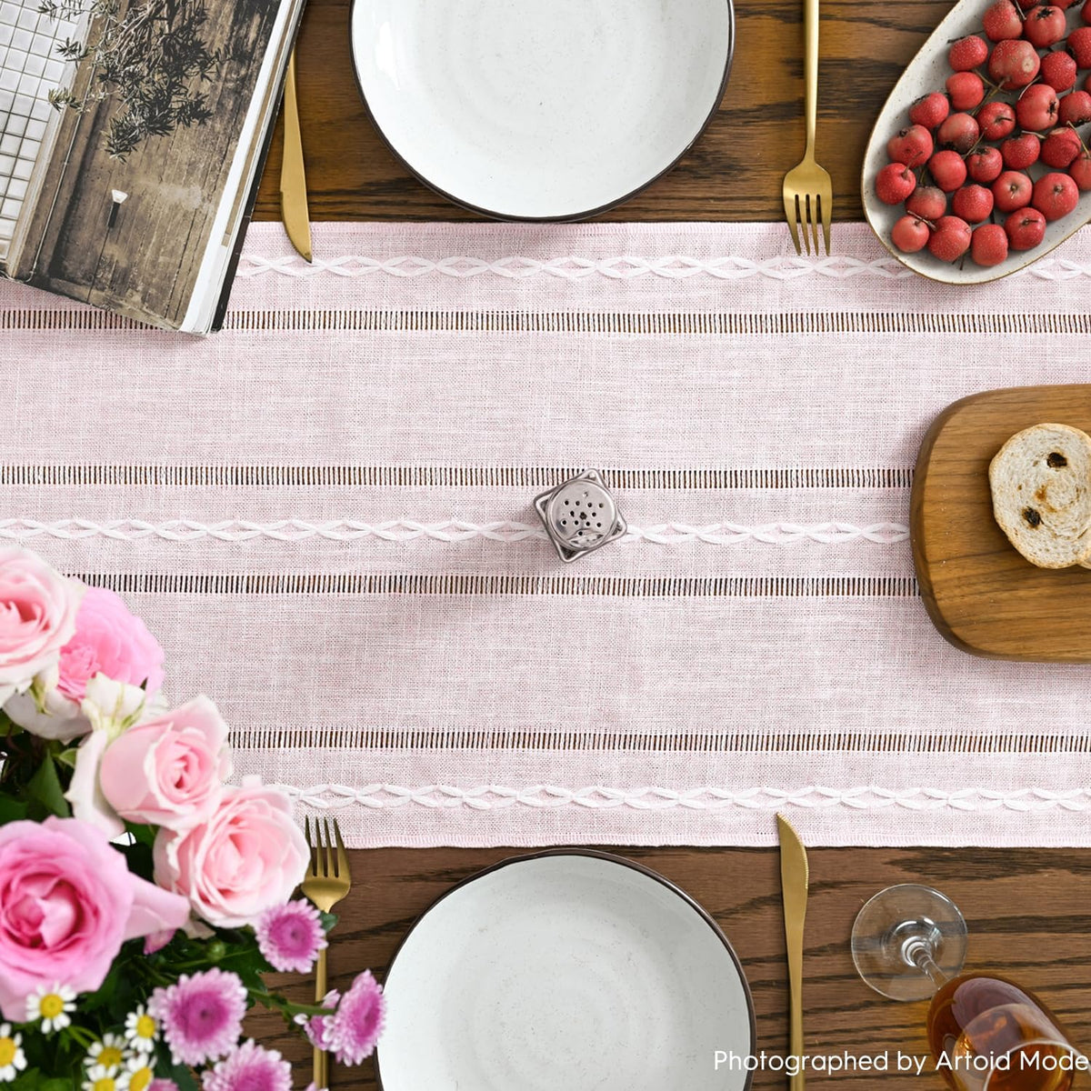 Artoid Mode Pink Rustic Cotton Linen Table Runner, Seasonal Embroidered Hollow Kitchen Dining Table