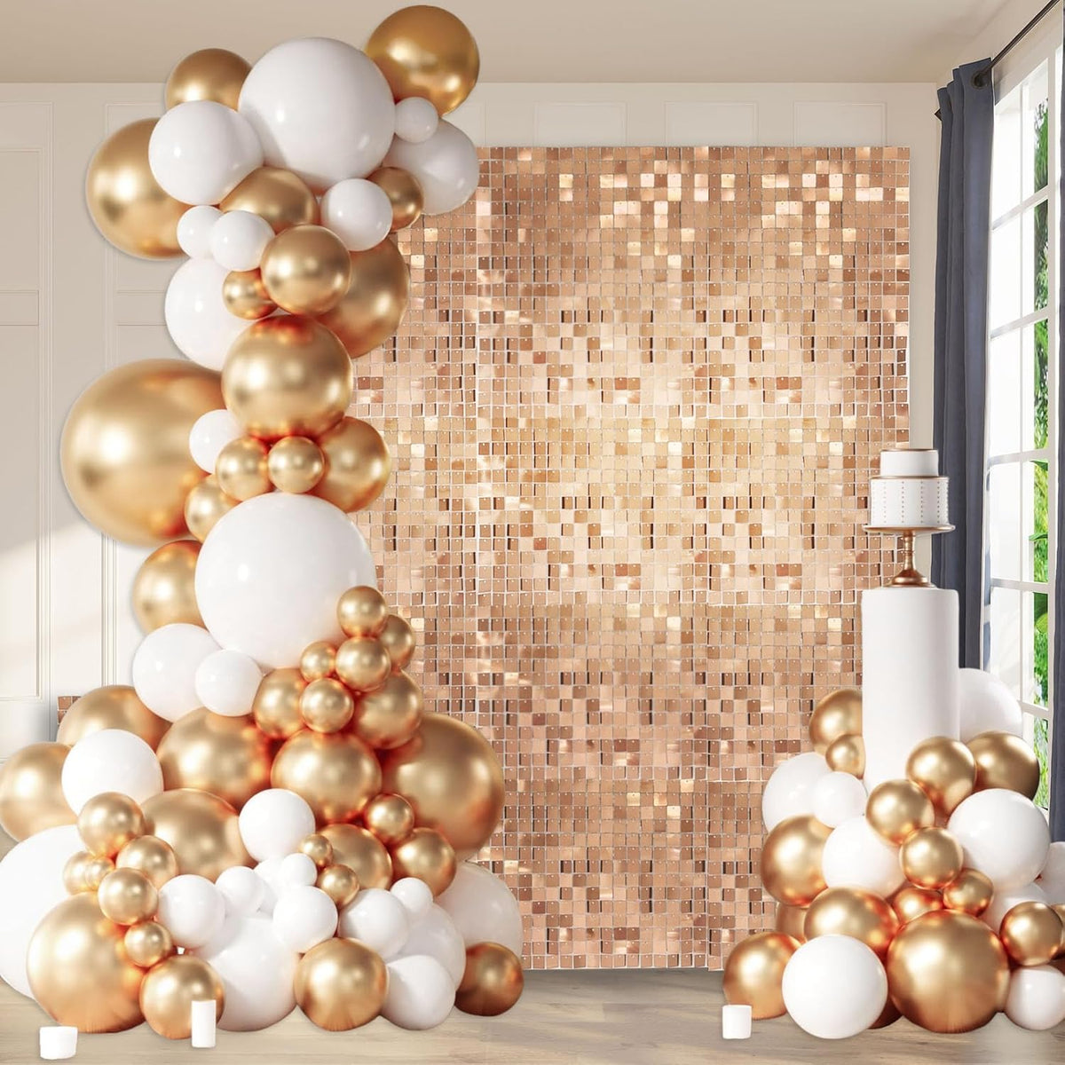 12PCS Champagne Shimmer Wall Backdrop, Square Sequin Photo Backdrops Panel, Glitter Wall Background