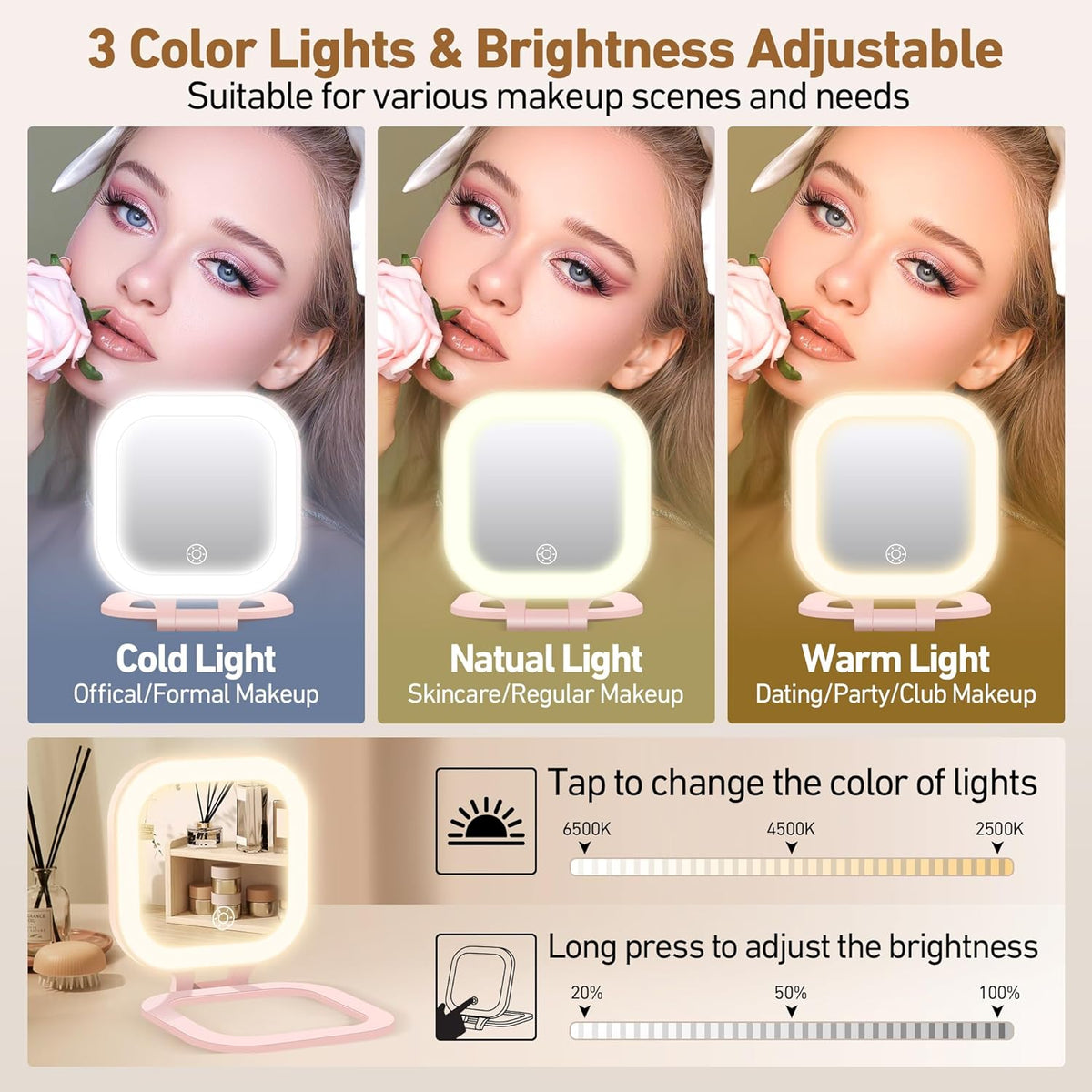 Travel Mirror with Light, 1x/30x Magnifying Mirror with 3 Color Lights and Adjustable Brightness