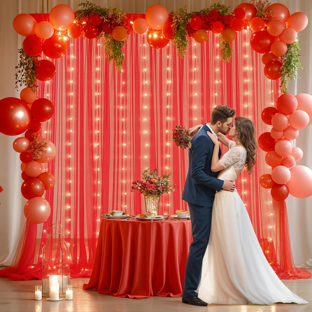 Red Tulle Backdrop Curtain with Lights String for Parites 10x8ft Red Sheer Backdrop Curtains Drapes