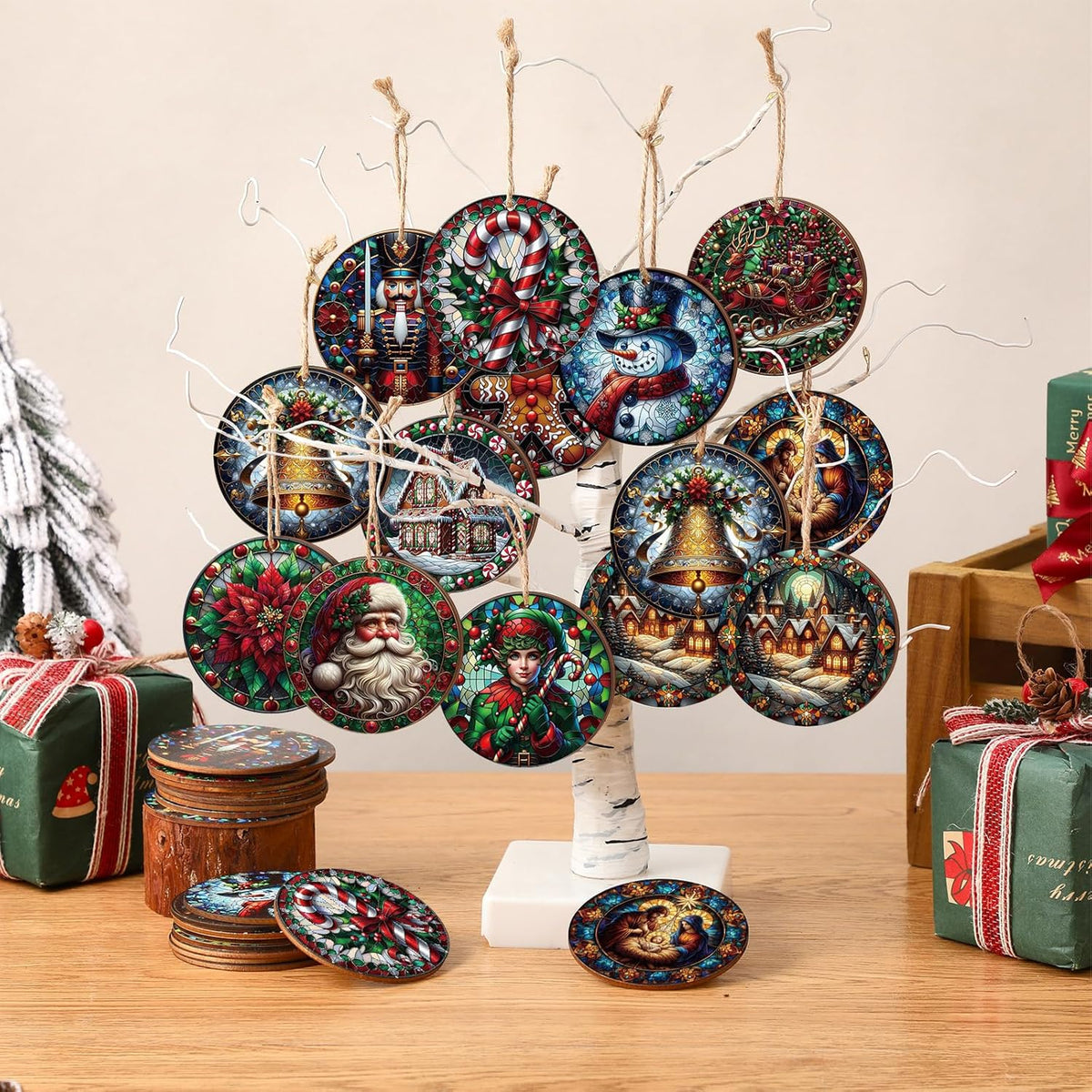 Suzile 36 Pcs Christmas Wooden Ornaments Vintage Christmas Decoration Oil Painting Round Ornaments