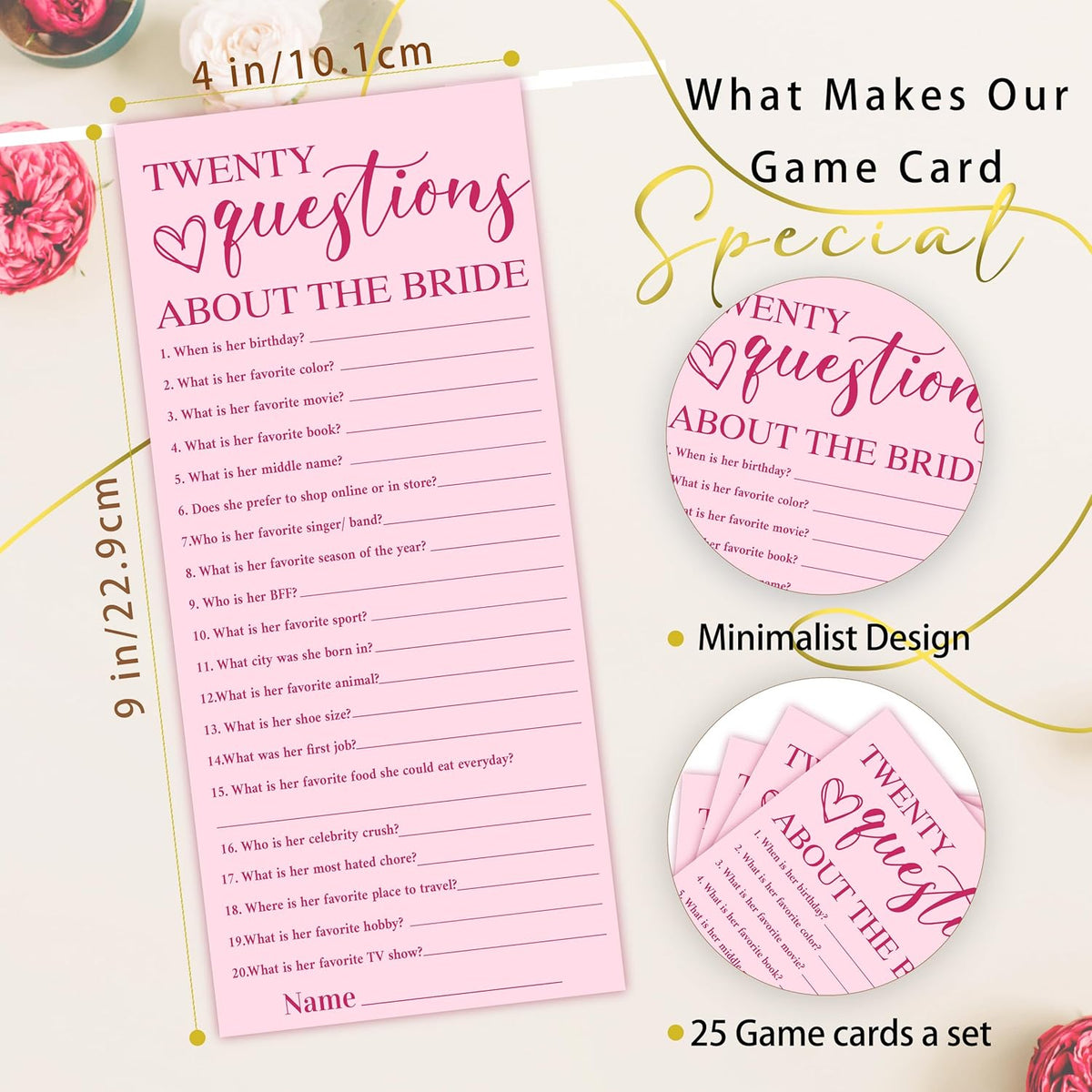 4x9 Inch Wedding Party Games, Bridal Shower Cards, 25 Pink Bridal Shower Games for Wedding