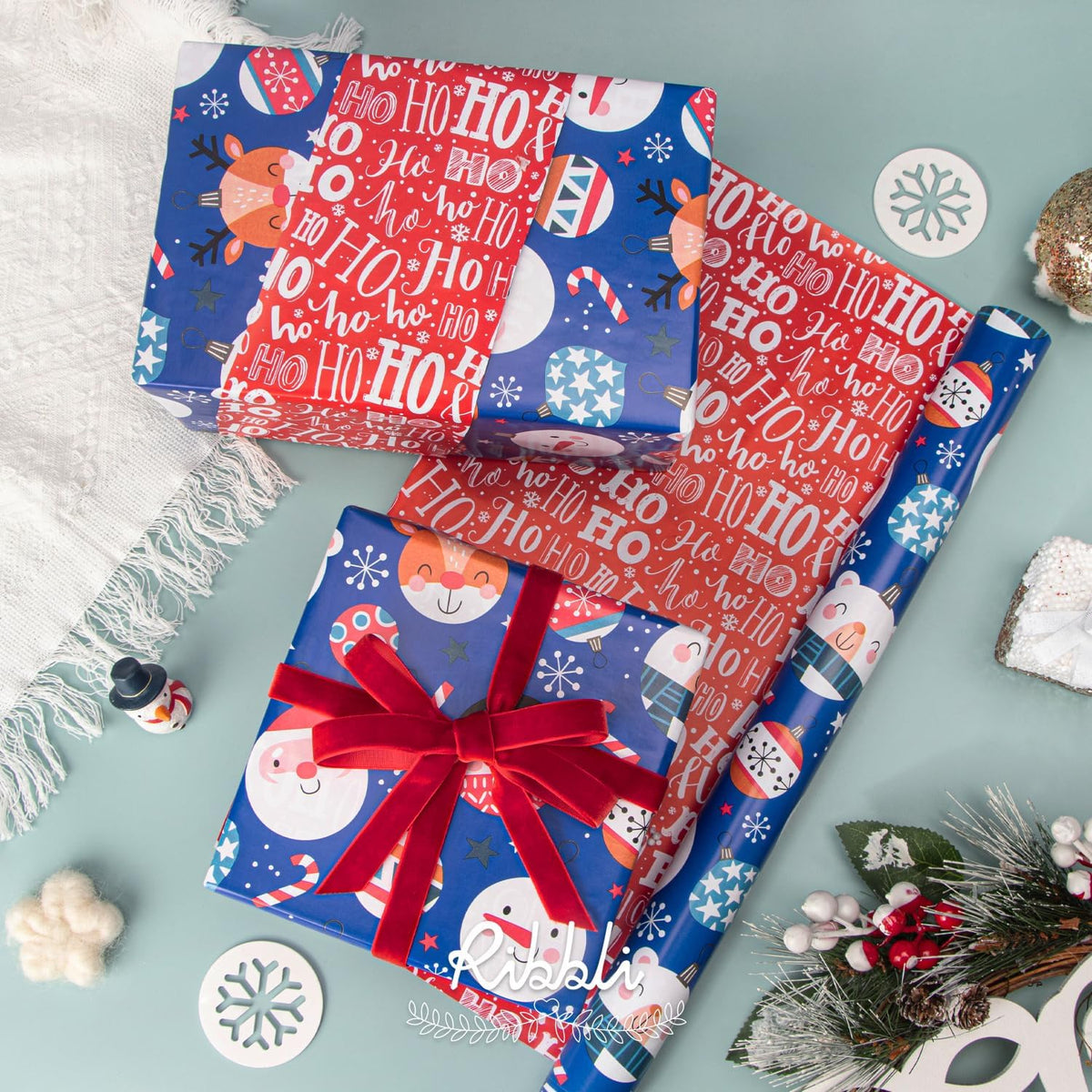 Ribbli Blue Christmas Wrapping Paper Reversible Cute Christmas elements Gift Wrapping Paper Rolls