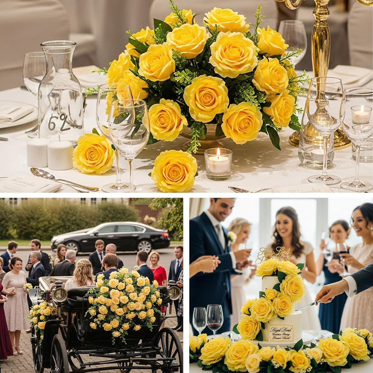 Auihiay 60PCS Yellow Roses Bulk, Yellow Velvet Silk Fake Roses, Realistic Flowers for Wedding
