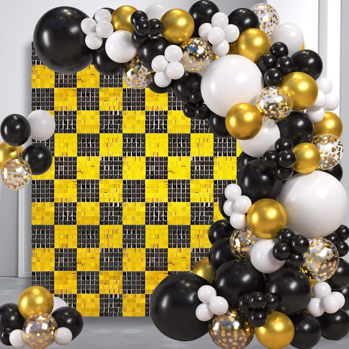 24PCS Black Gold Shimmer Wall Backdrop, Square Sequin Photo Backdrops Panel, Glitter Wall