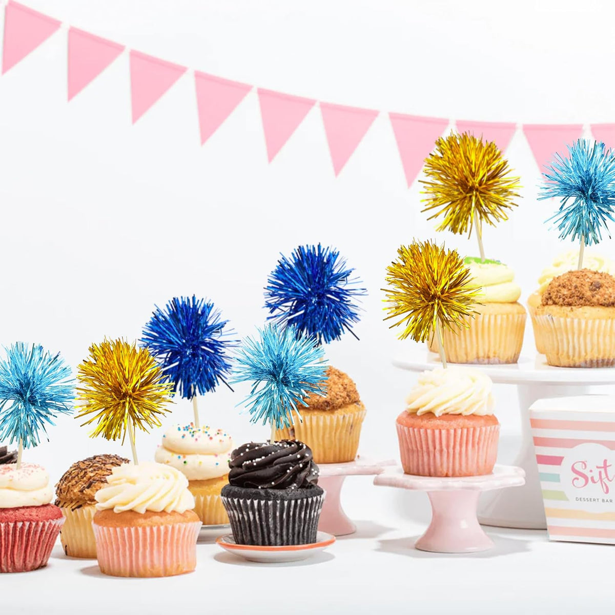 Gyufise 30Pcs Foil Firework Cupcake Toppers Sparkle Tinsel Cake Toppers Tinsel Drink Cake