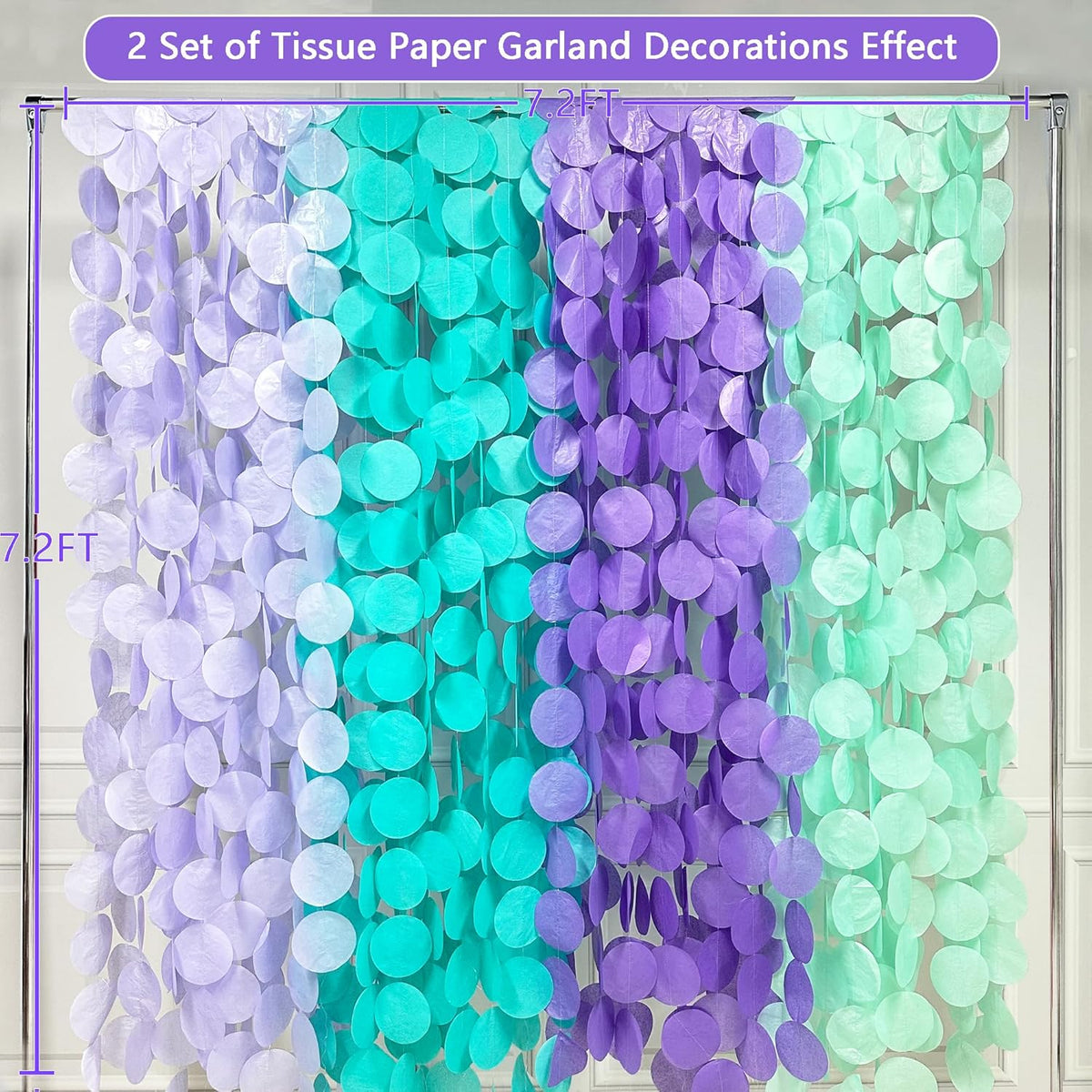205Ft Purple Teal Big Circle Dot Backdrop Streamer Tissue Paper Polka Dot Hanging Garland for
