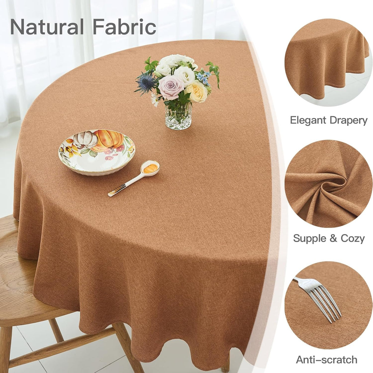 maxmill Fall Round Tablecloth Linen Texture Stain Resistant Waterproof Anti-Shrink Spillproof