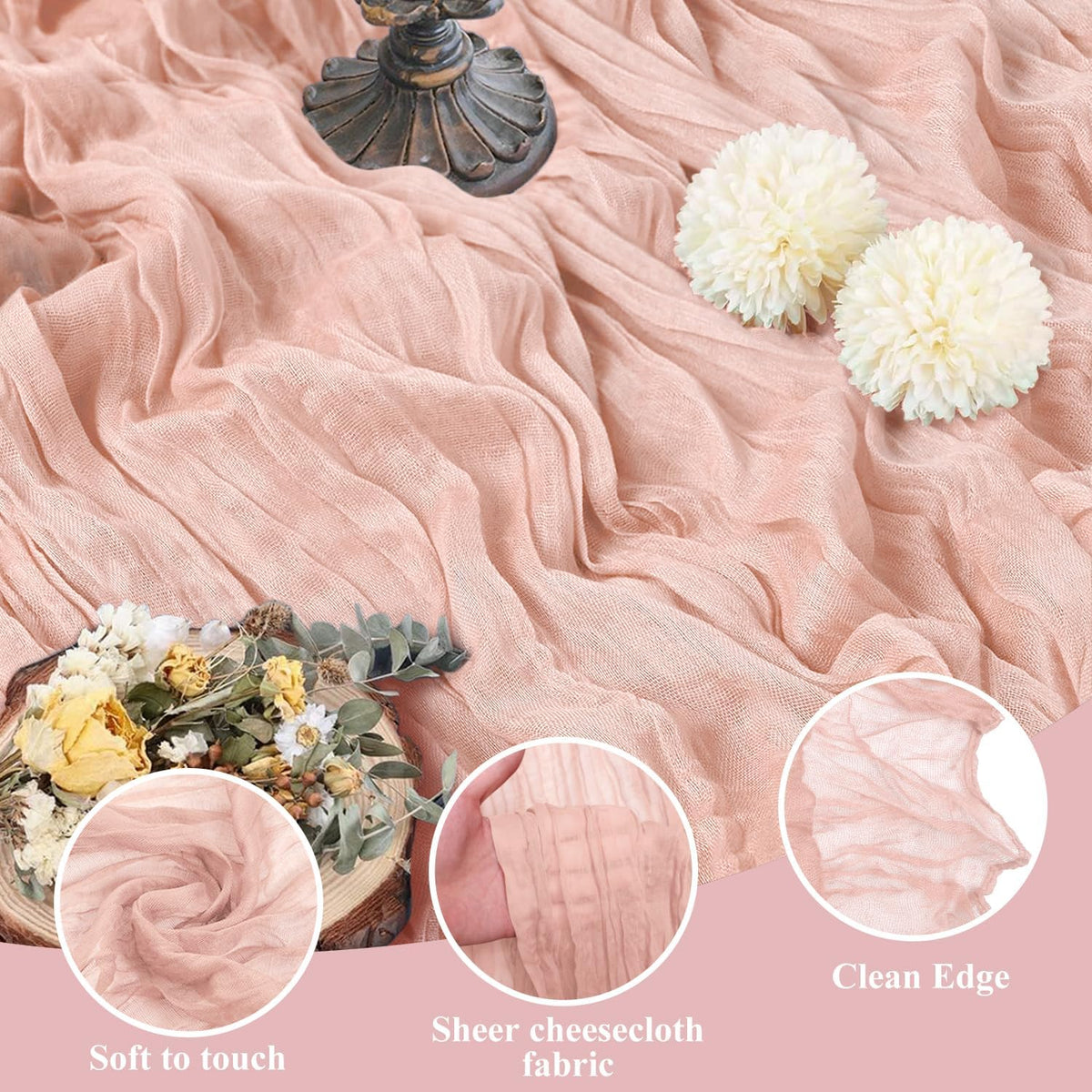 Asee'm 2pcs Cheesecloth Table Runner 120 Inches Dusty Pink Boho Gauze Cheese Cloth Runner 10FT
