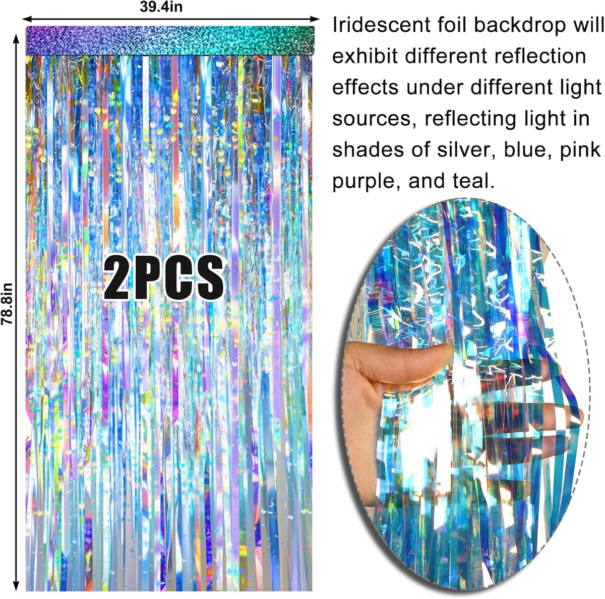 2 Packs Iridescent Foil Fringe Curtain, Neon Transparent Holographic Tinsel Backdrop for Birthday