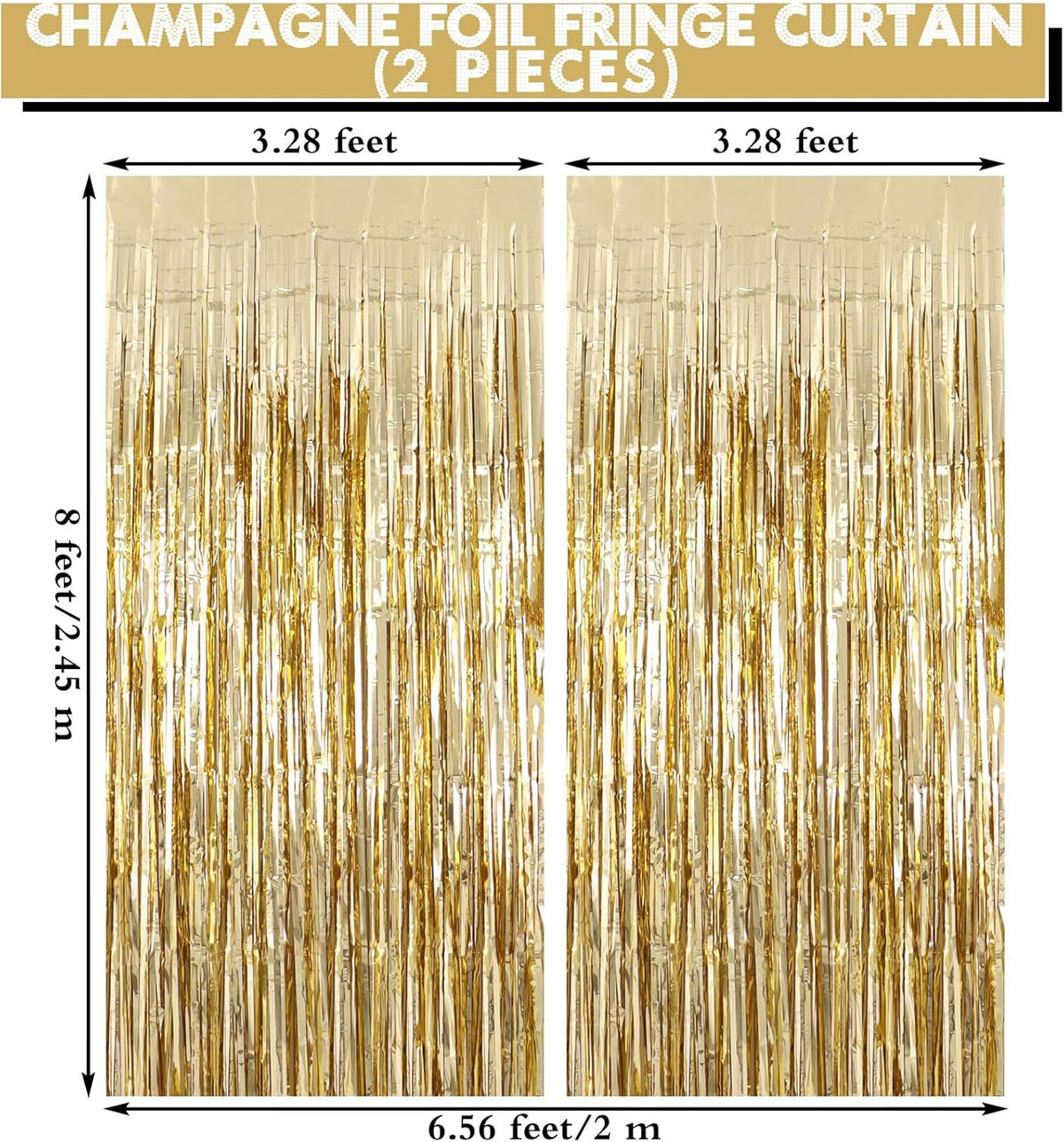 2 Pack Champagne Fringe Curtains Foil Shiny Fringe Backdrop Tinsel Door Streamers Foil Curtains for