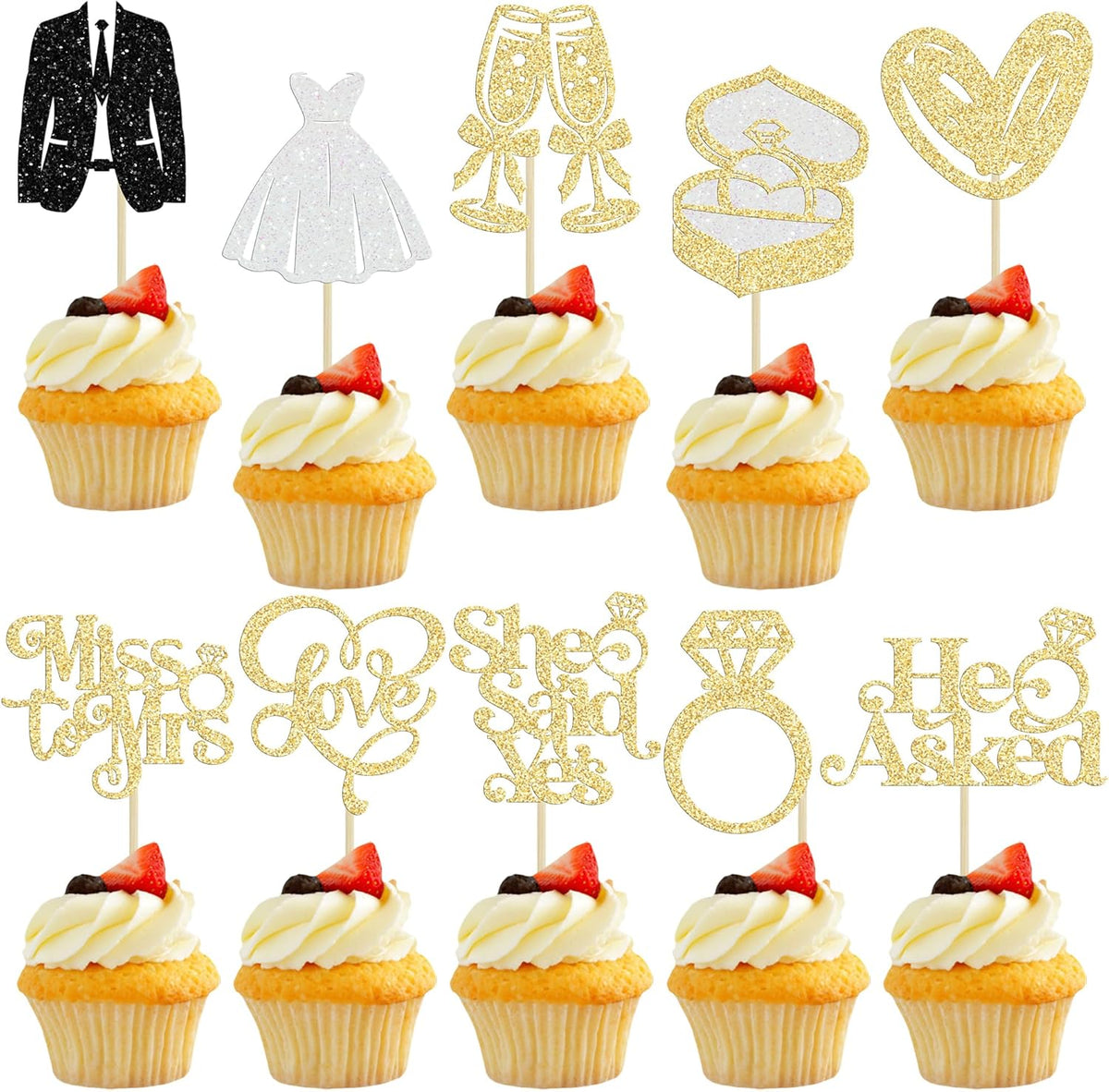 Gyufise 30Pcs She Said Yes Cupcake Toppers Glitter Diamond Ring I Do Love Cupcake Picks Miss to Mrs