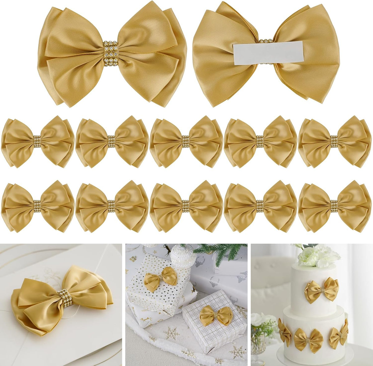 Gold Bows 4'' Premade Satin Ribbon Bow, Gift Bows with Rhinestone, Wrapping Bows for Presents