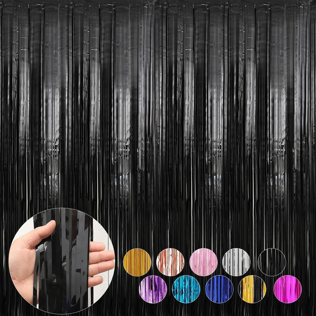 6 Pack Black Foil Fringe Curtains Streamers Party Decorations 3.3 x 8.2 ft, Black Tinsel Curtain