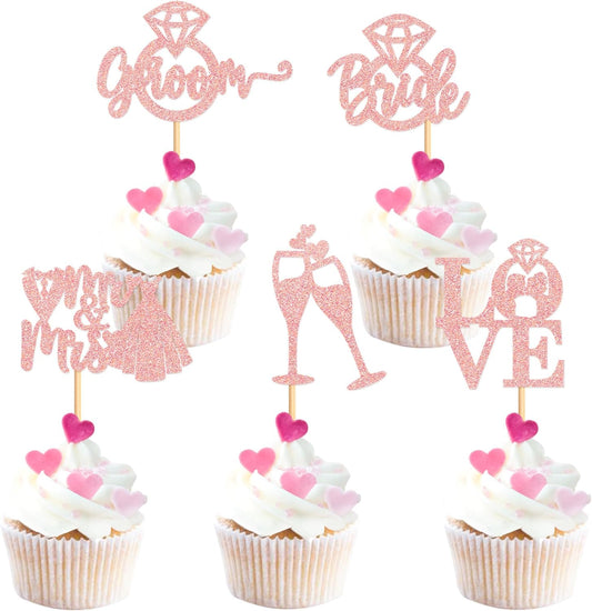 25 PCS Bride to Be Groom to Be Cupcake Toppers with Ring Dress Bridal Shower Cupcake Picks Wedding