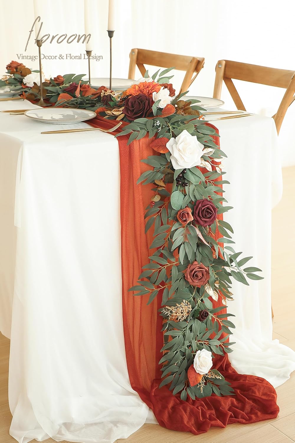 Floroom 6ft Artificial Eucalyptus Garland with Flowers Fake Greenery Burnt Orange Faux Floral Vine