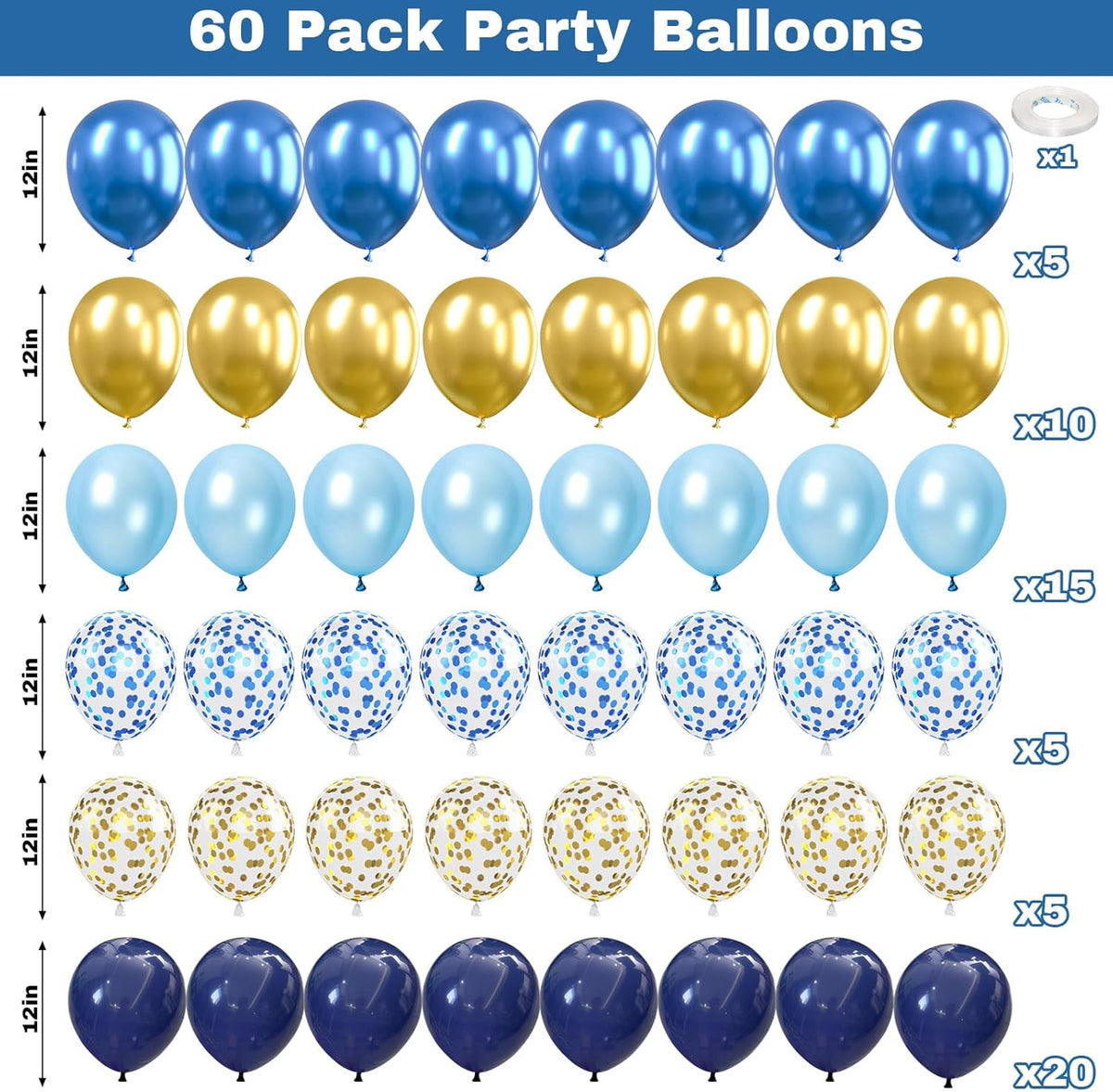 Blue and Gold Balloons, 60Pcs 12Inch Navy Pearl Party Balloons With Metallic Helium Balloon