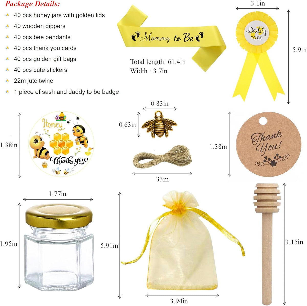 IIKUM 40 Pack Glass Honey Jars, 1.5 oz Honey Pot with Baby Shower Sash, Lids, Dippers, Bee