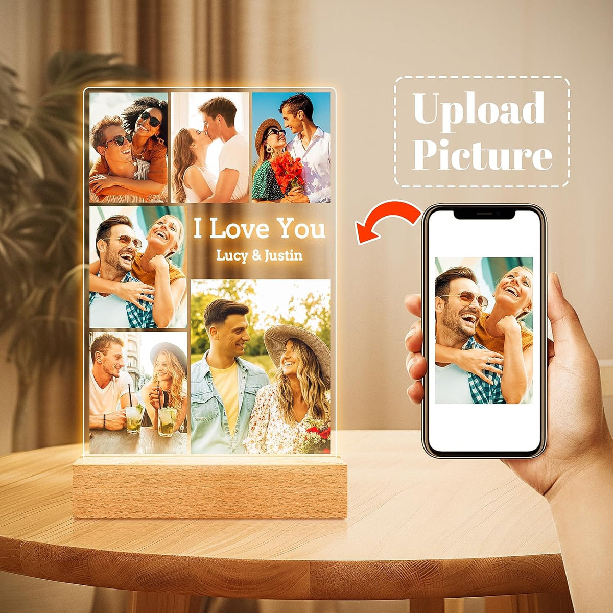 Custom Couple Picture Frames with Photos, Customized Acrylic Plaque Photo Frame with Night Light