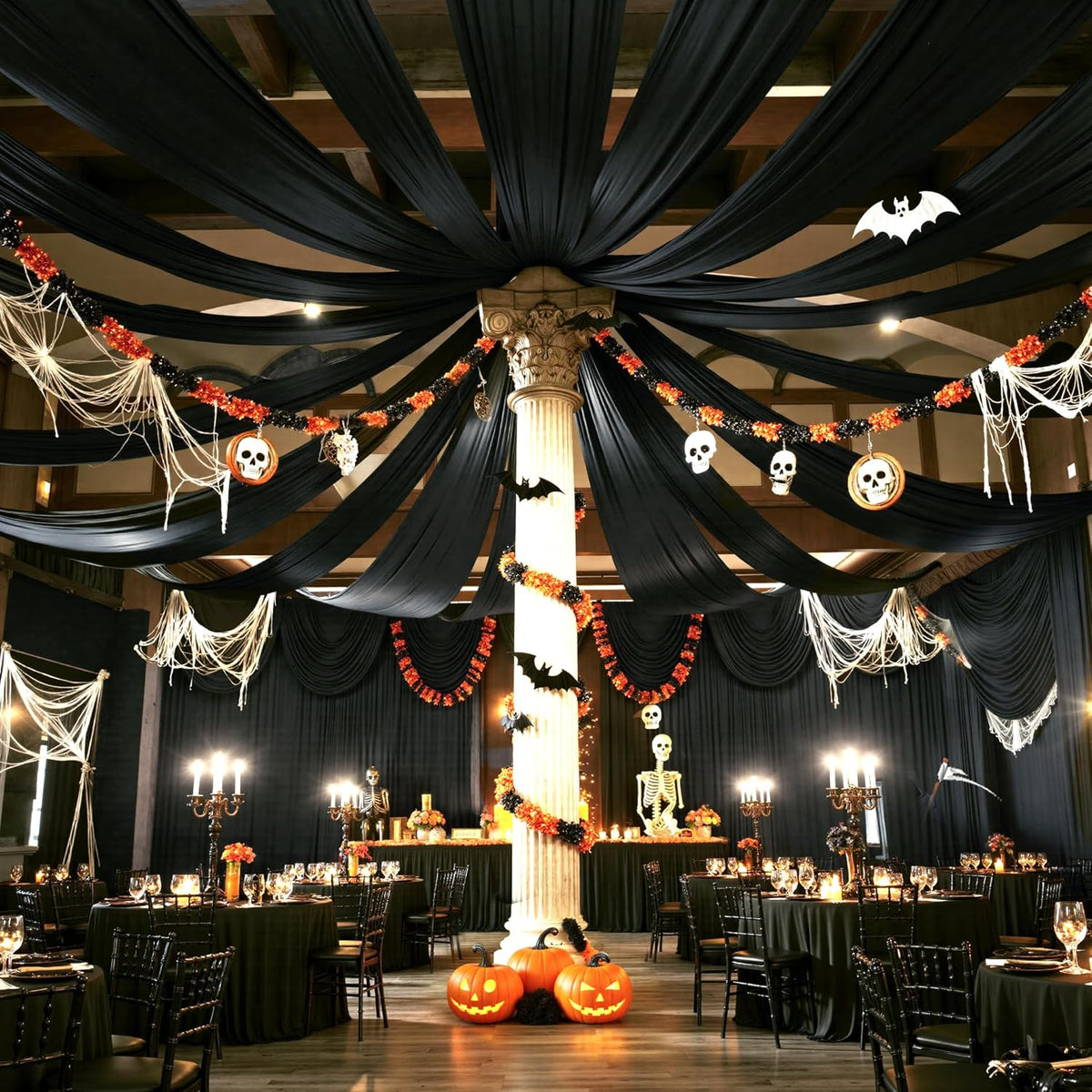 PartyVillage 12 Panels 5ftx30ft Black Ceiling Drapes for Halloween Parties – 30 FT Extra Long Thick