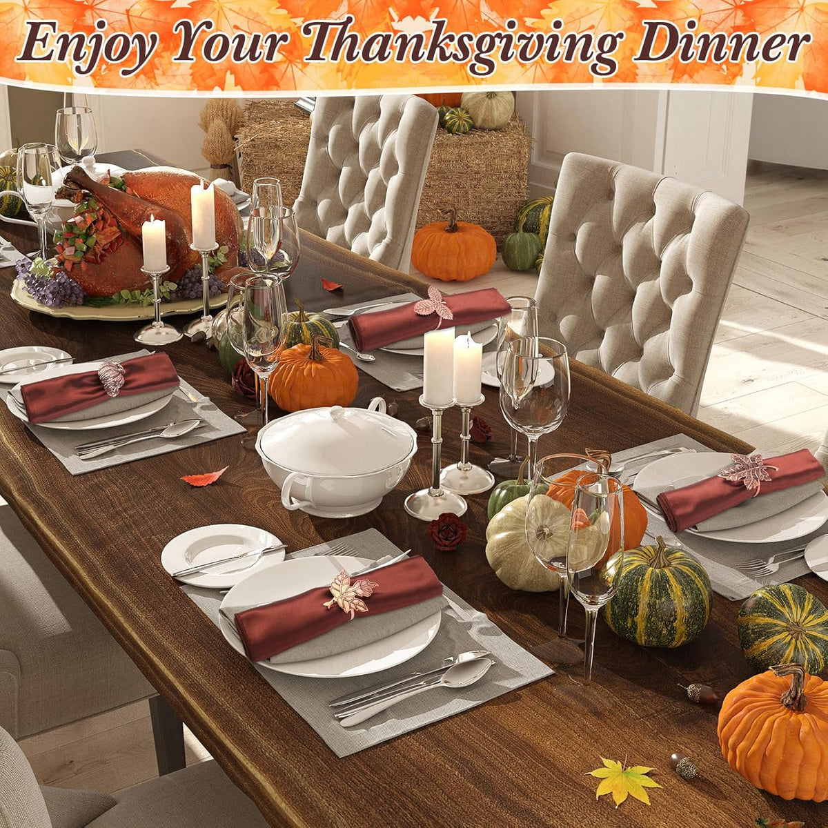 Remerry 8 Pcs Thanksgiving Napkin Ring Harvest Fall Leaf Pumpkin Holders Retro Alloy Metal Napkin