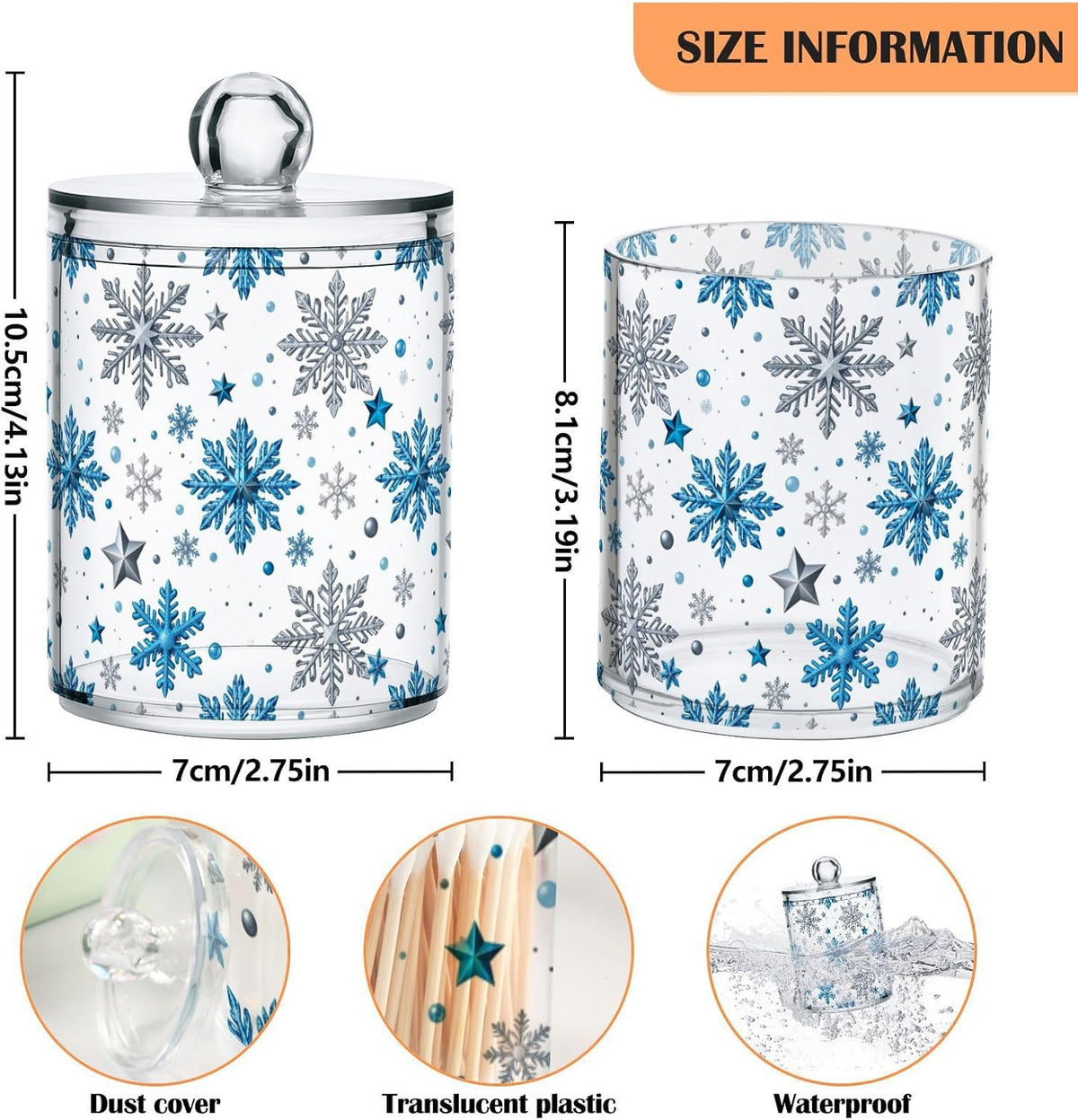 Gredecor Christmas Winter Qtip Holder Dispenser 4 Pack Silver Blue Glitter Snowflakes Apothecary