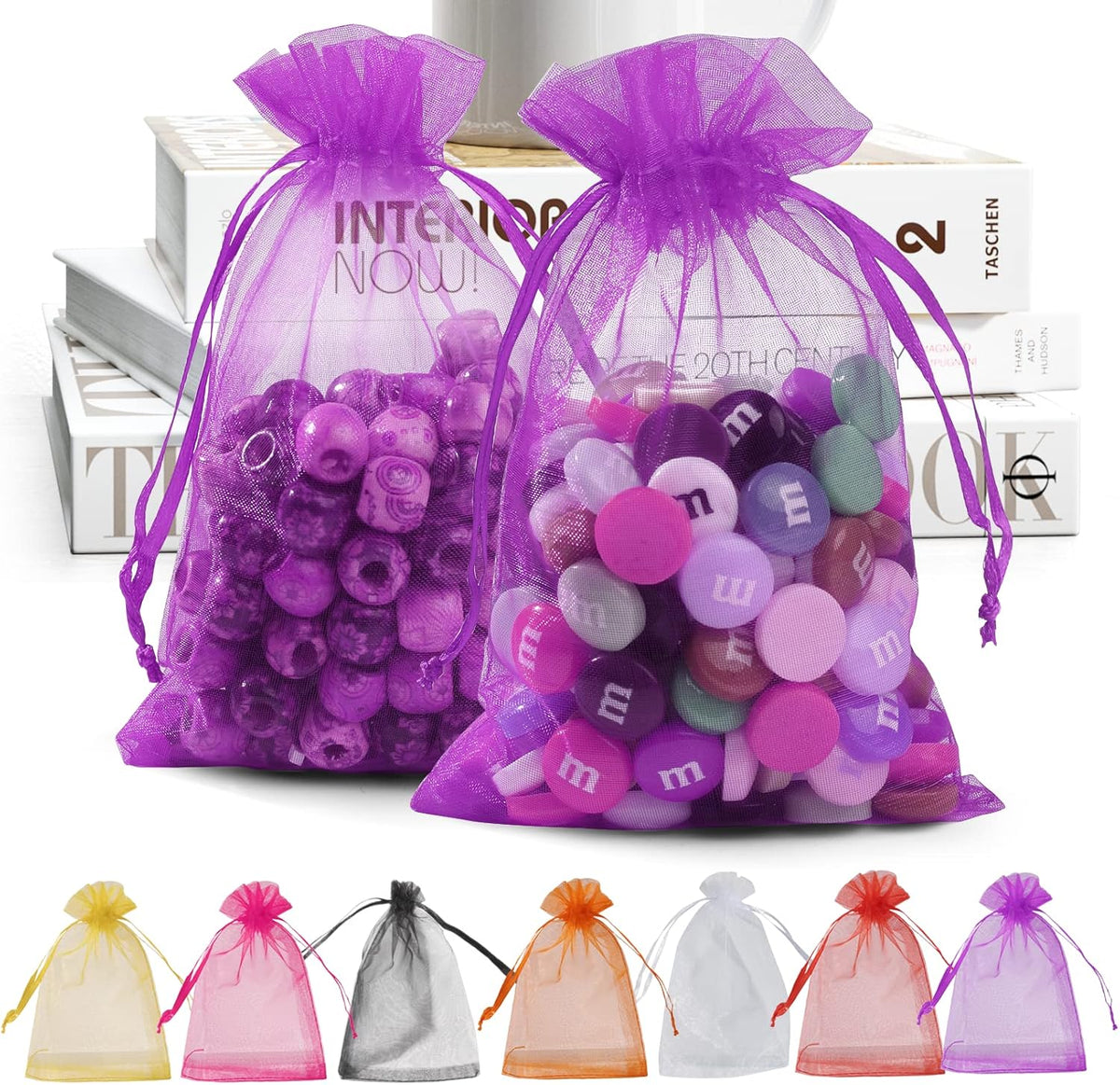 ANZNKU 50 Pack Organza Bags 4 x 6 inch Premium Sheer Drawstring Favor Bags for Halloween Candy